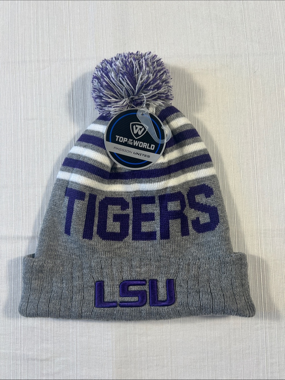LSU Gray & Purple Pom Knit Hat